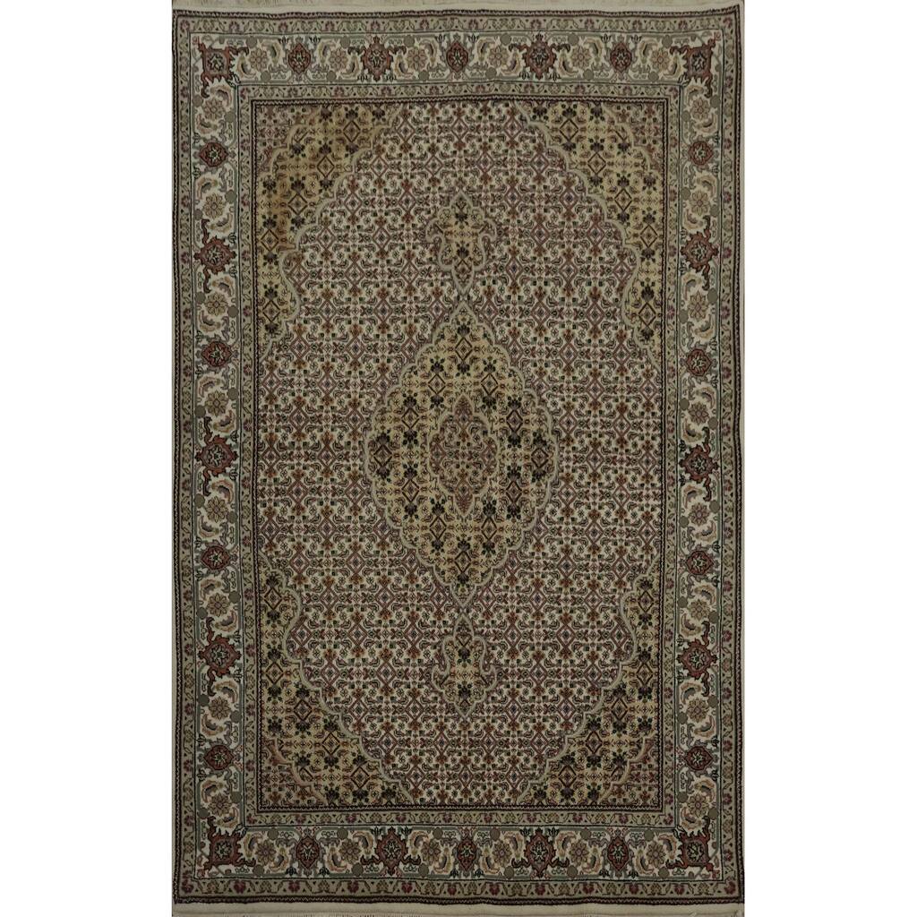 Hand Knotted Oriental 100% Wool Carpet Traditional Floral Beige & Ivories Tabriz-Mahi Area Rug - 6' 7'' X 5' 0''