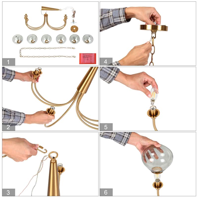 Celesn Modern Gold 6-Light Wheel Chandelier Glass Shade for Dining Living Room - D32" x H23"