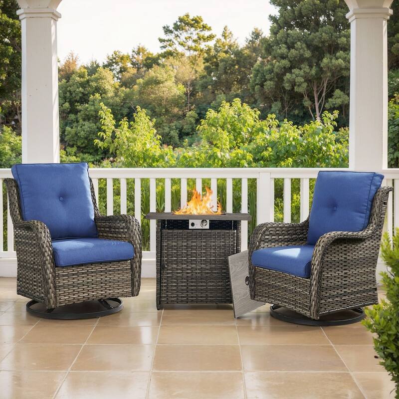 Pocassy Fire Pit Table with Sofa Swivel Chairs Set - Grey Wicker Blue Cushion - 3 Pieces Swivel Chair with Fire Table