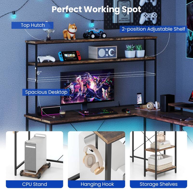 Costway L-Shaped Gaming Desk with LED Strip & Power Outlets Hutch - See Details