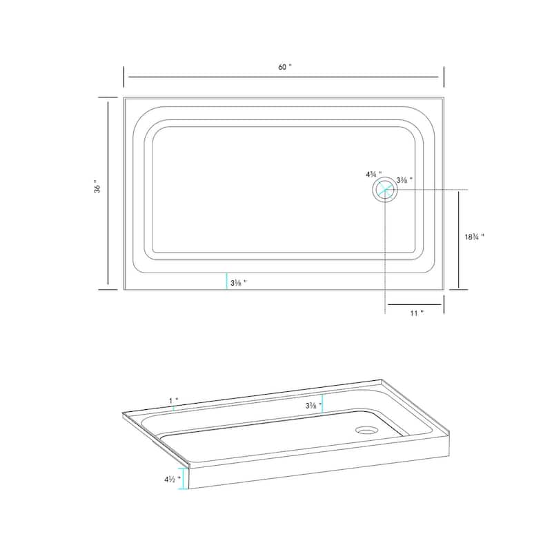 Indigo Home 60x36 inch Single Threshold Shower Tray Right Drain in White