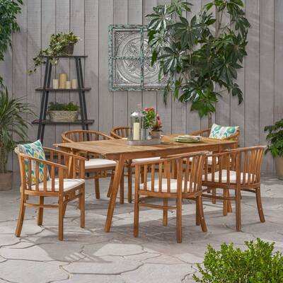 Roomfitters Outdoor 7-Piece Acacia Wood Dining Set with Cushions, Rectangular Table, Cream Finish