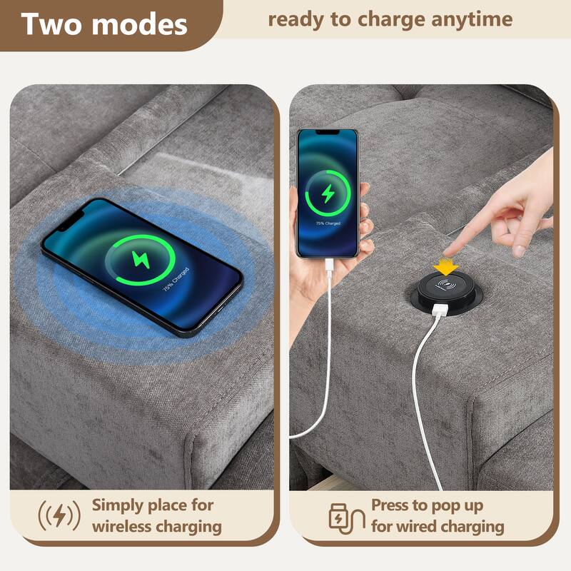 104" Chenille U-Shaped Sectional Sofa with Acrylic Table Tops 2 Consoles Storage Drawers USB Charging Movable Ottoman