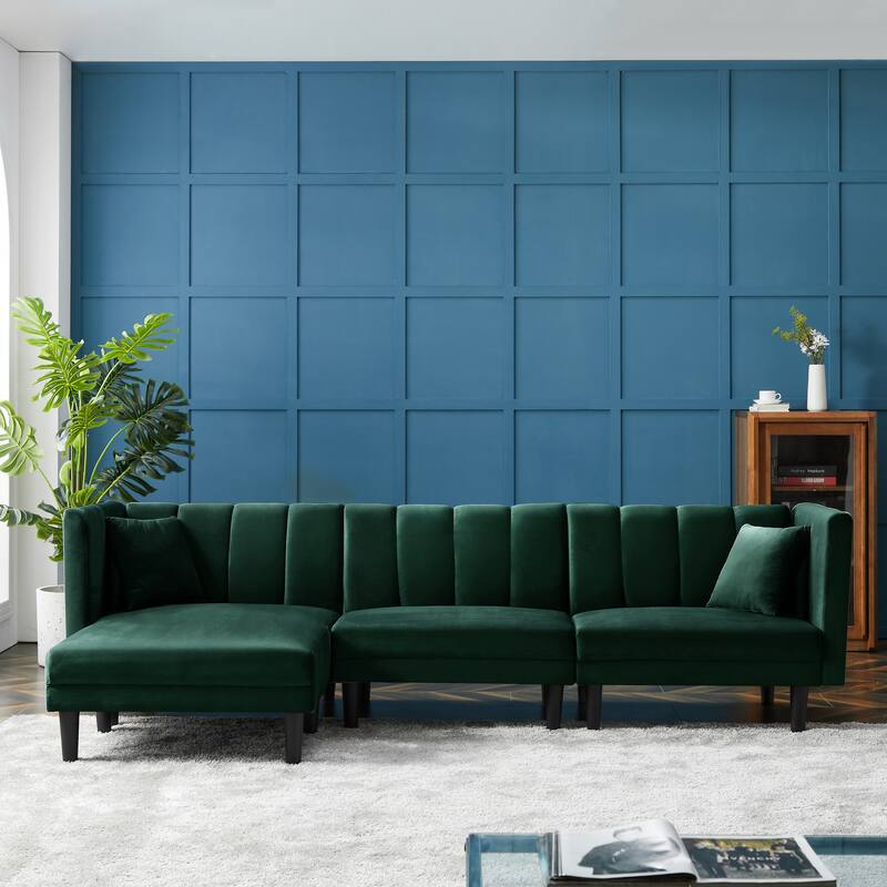 Reversible Sectional Sofa Sleeper L-shape Sofa Velvet Padded Sofa & Chaise - Green