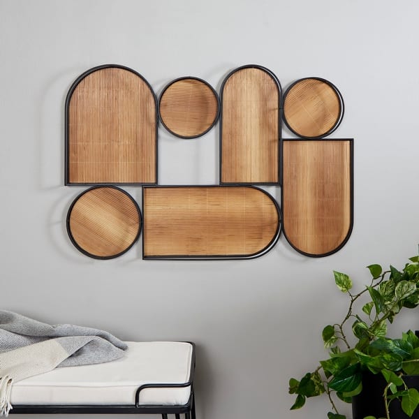 slide 2 of 6, Brown Bamboo Shapes Geometric Wall Decor with Slatted Wood Design Brown