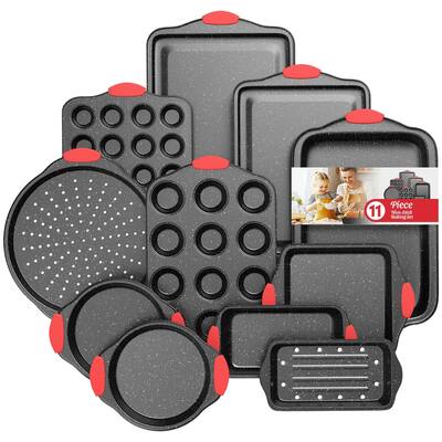 Nonstick Baking Pans Set, Stackable Bakeware Sets, Toxin-Free Baking Set with Silicone Handles, Includes Cookie Sheets
