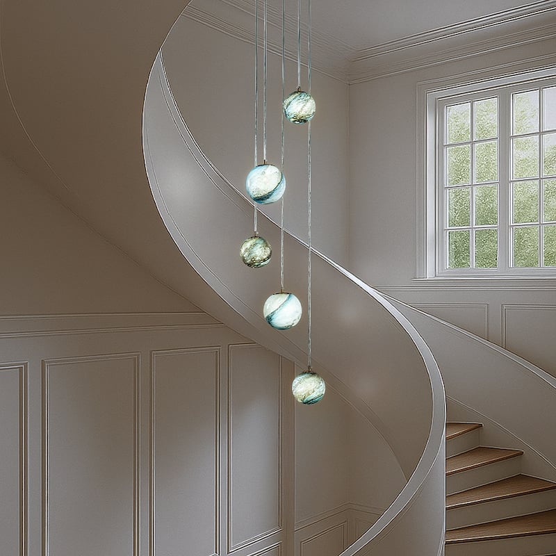 12'' 5-Light Modern Glazed Glass Globe Staircase Chandelier Coastal Handcrafted Glass Pendant In Matte Black - W12''