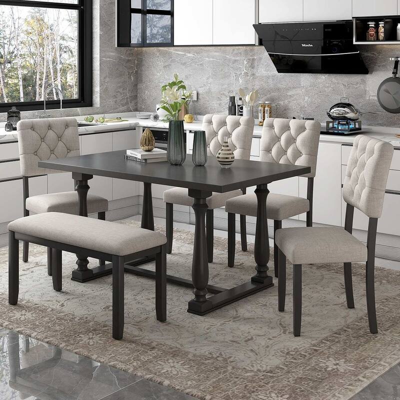 6 PCS Dining Table and Chair Set for 6-Foam-covered Seat Backs & Cushions