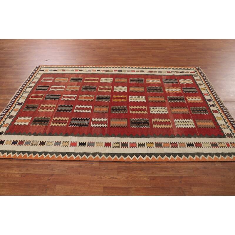Red Kilim Qashqai Persian Vintage Rug Flatweave Wool Carpet - 5'3"x 8'2"