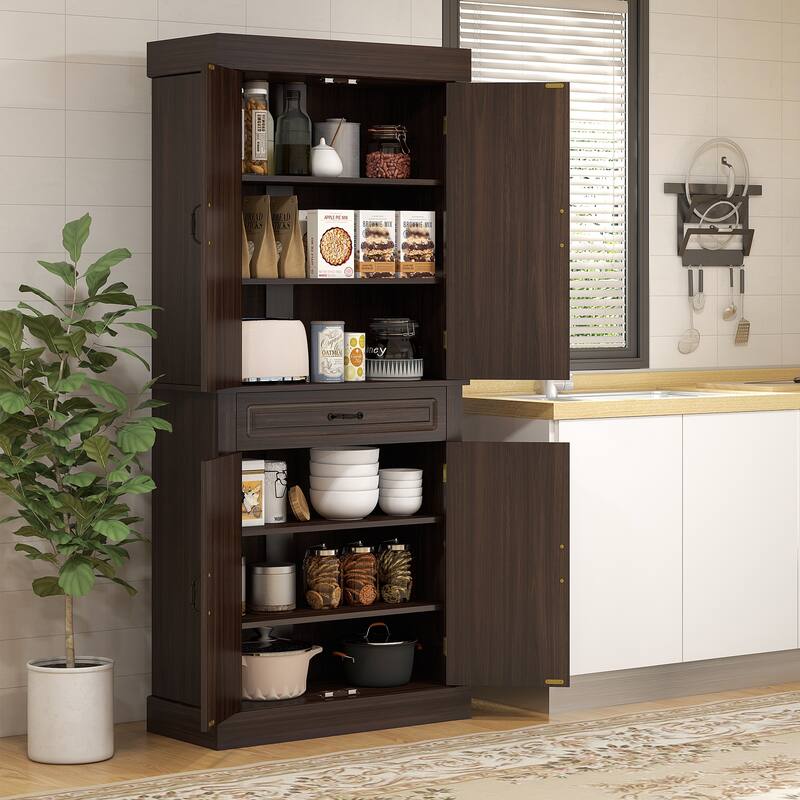 71" Freestanding Kitchen Pantry with 4 Doors and 2 Large Cabinets, Tall Storage Cabinet with Wide Drawer for Dining Room, Coffee