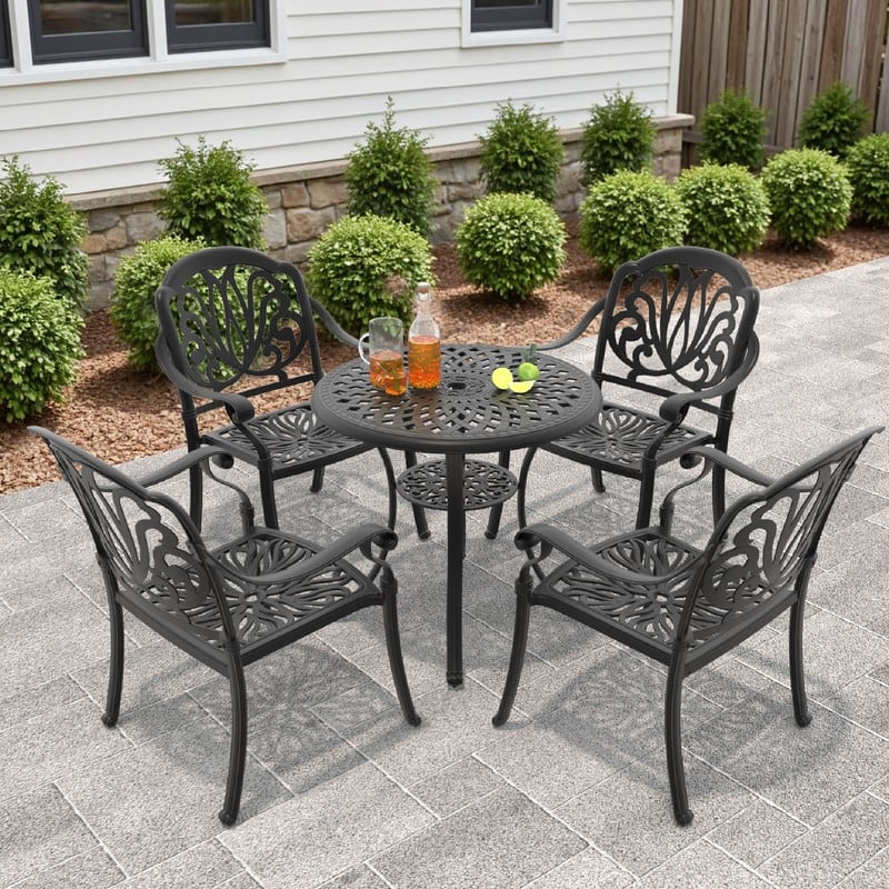 5-Piece Cast Aluminum Outdoor Dining Set with Brown Cushions