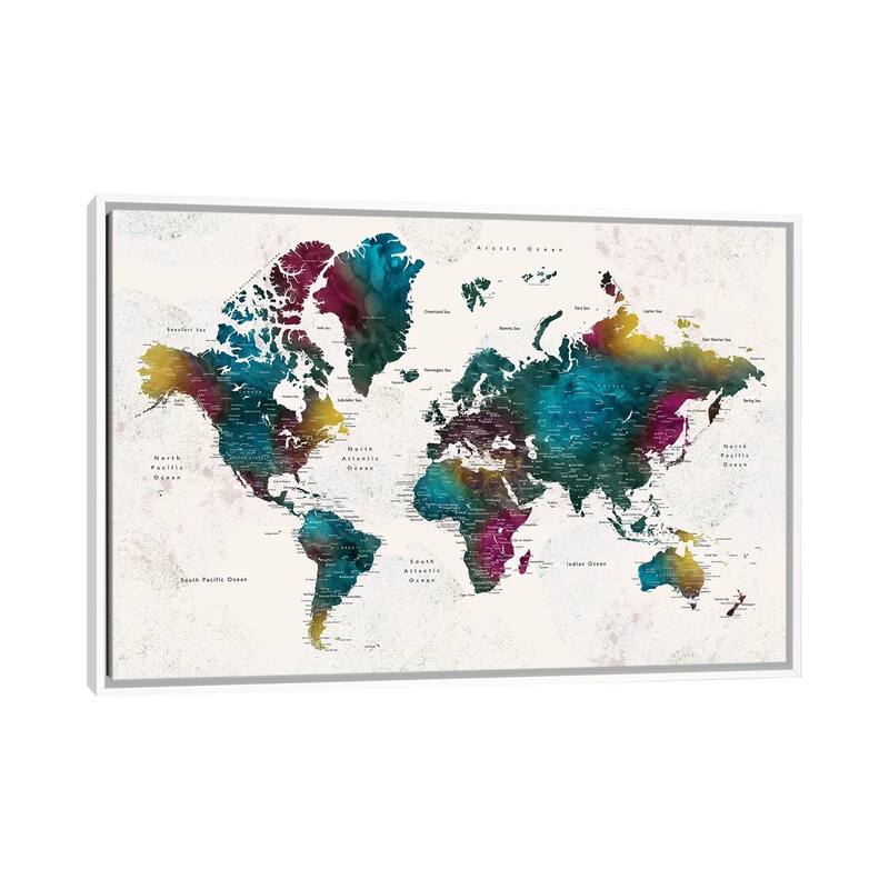 iCanvas "Charleena Detailed Watercolor World Map With Cities" by blursbyai Framed Canvas Print - White - 18x26