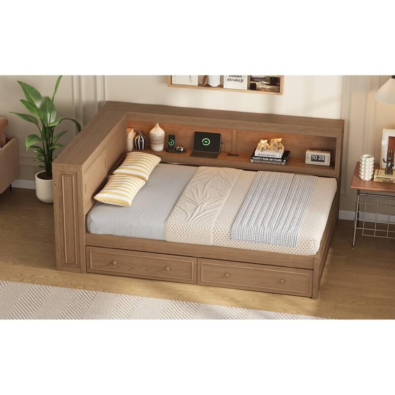 Roomfitters Full Size Wood Daybed with LED Lights, USB Ports and 2 Drawers