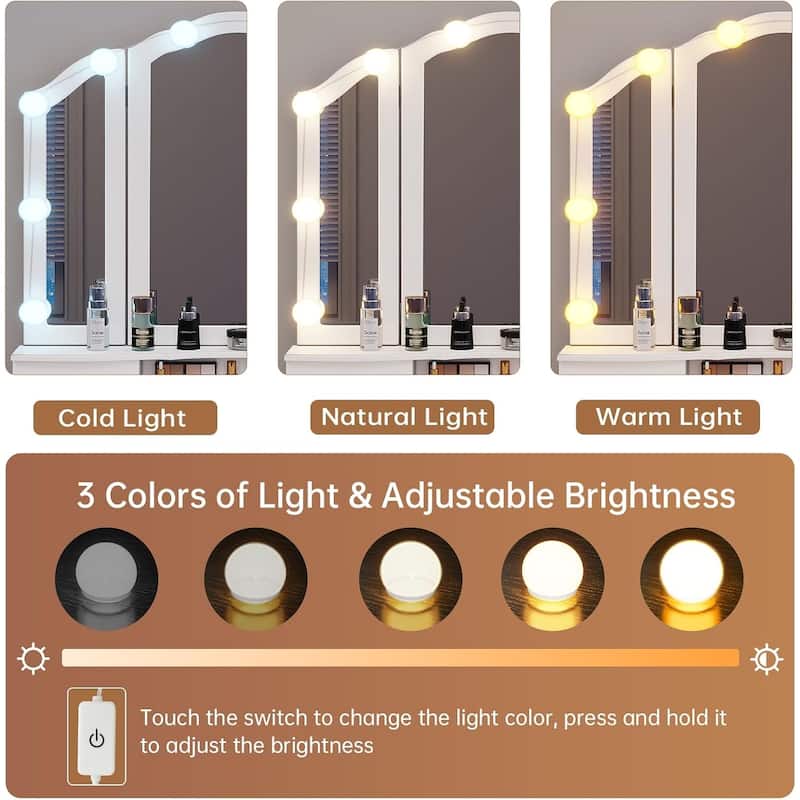 Vanity Desk Set Makeup Vanity Lighted Tri-fold Mirror and Stool