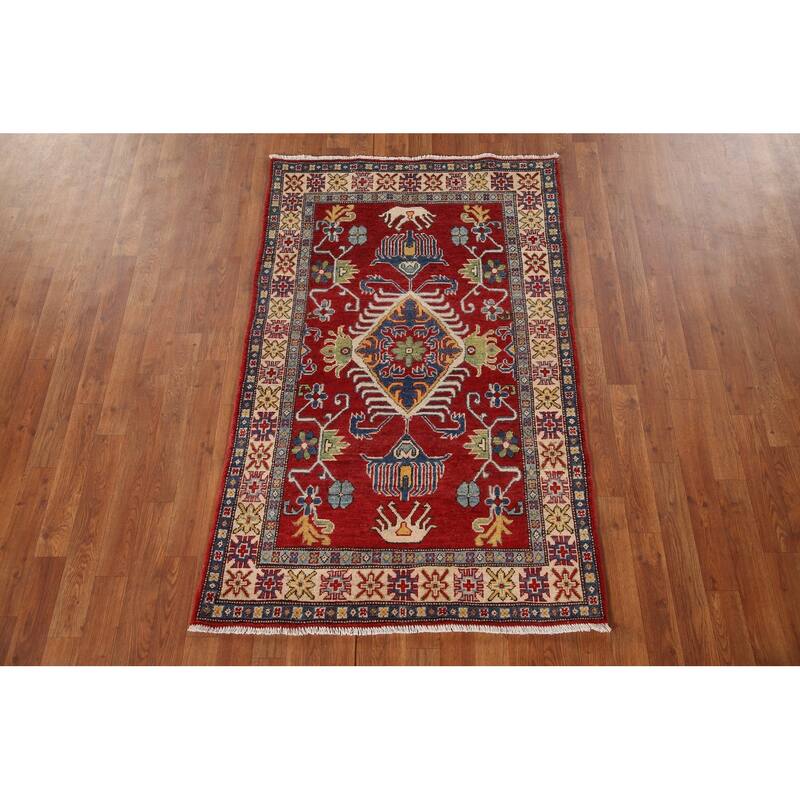 Geometric Red Kazak Oriental Rug Handmade Traditional Wool Carpet - 3'4"x 5'3"