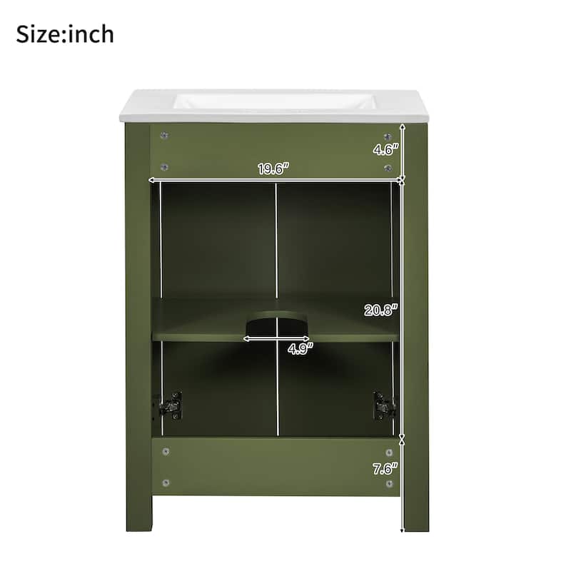 24" Vintage Bathroom Vanity with Ceramic Sink - Small Space Cabinet with 2 Soft-Close Doors & Adjustable Shelf