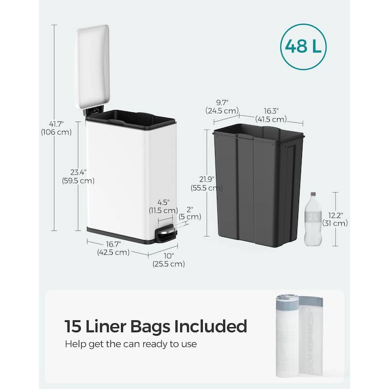 Slim Stainless-Steel Trash Can 12.7 Gallon with Soft Close Lid and Removable Inner Bucket Pedal Control