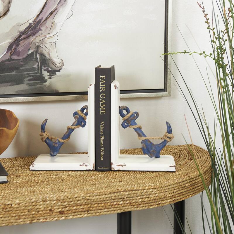 Wood Anchor Distressed Decorative Bookends with Rope Accents and White Wood Stands - Set of 2 Blue - Roche River Decor