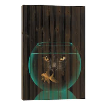 Black Cat Goldfish Print On Wood by Vin Zzep - Multi-Color