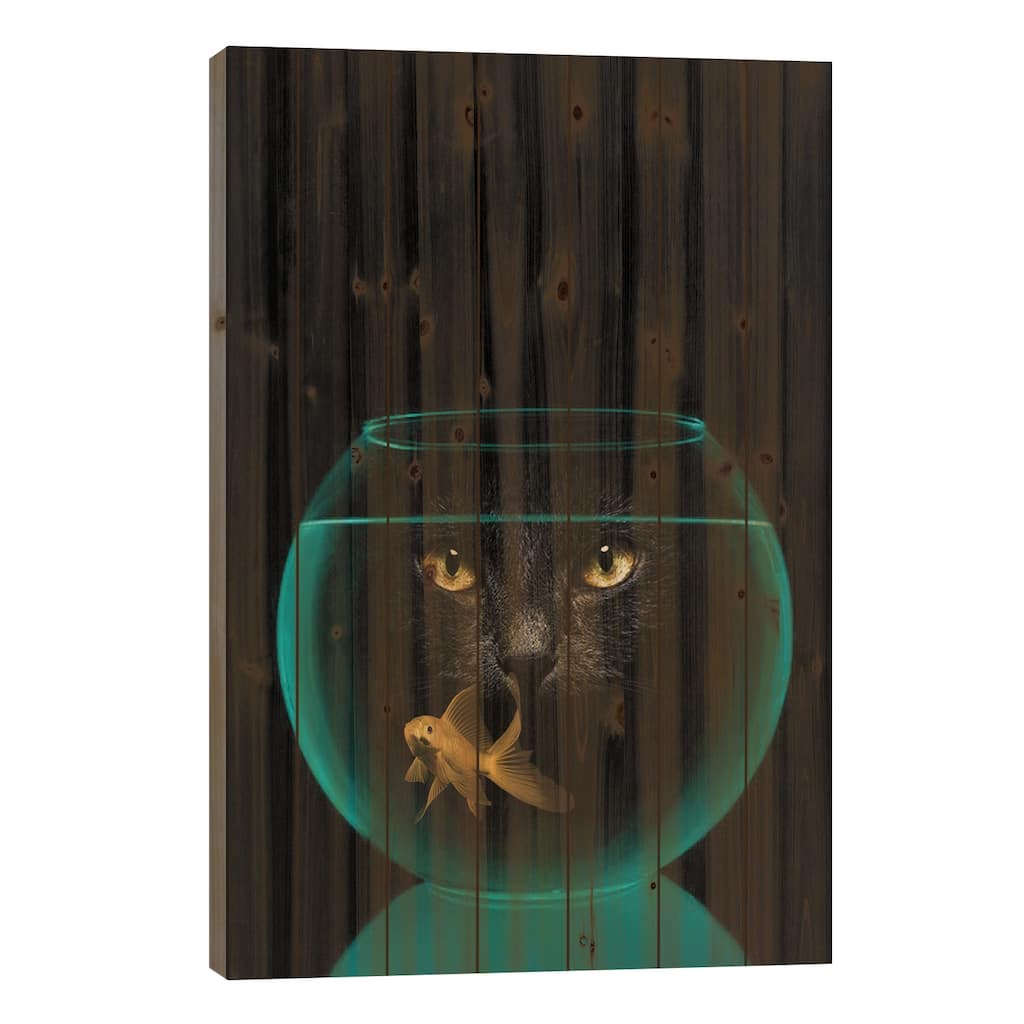 Black Cat Goldfish Print On Wood by Vin Zzep - Multi-Color
