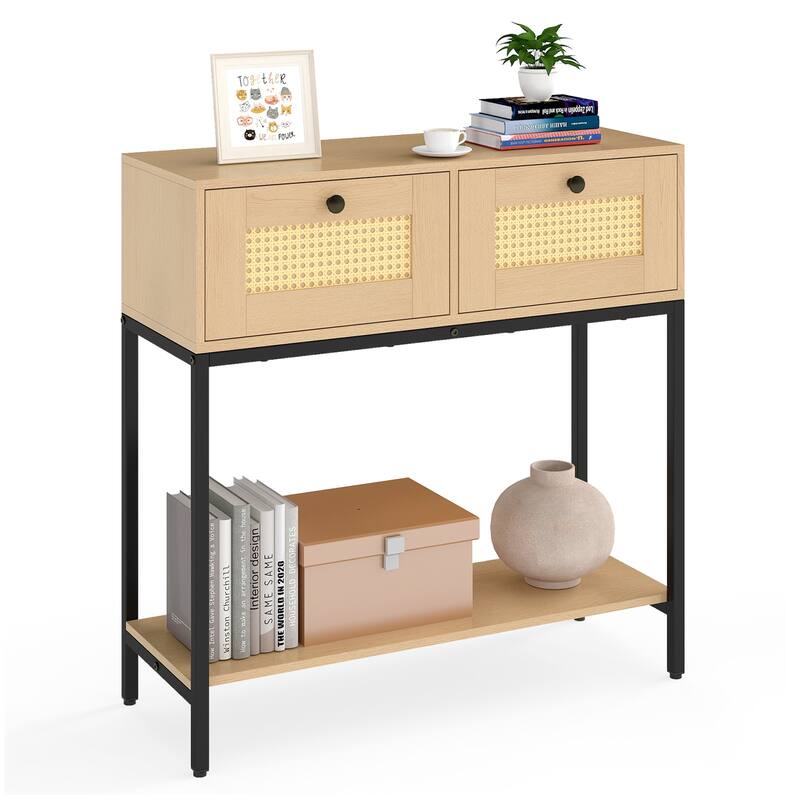 Gymax Console Table Entryway Table Long Sofa Side Table w/ Open Shelf - Oak - MDF