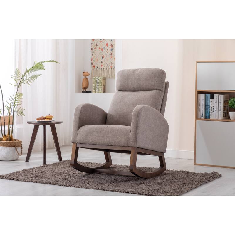 Modern Accent Upholstered Rocking Rocker High Back Arm Chair with Wooden Frame Side & Pockets for Living Room