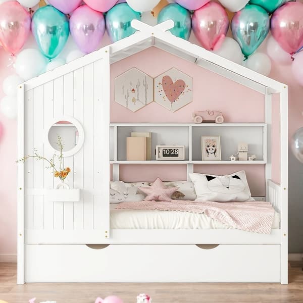 slide 2 of 9, Modern Twin Size Wooden House Bed With Trundle With Storage Shlef For Kids White