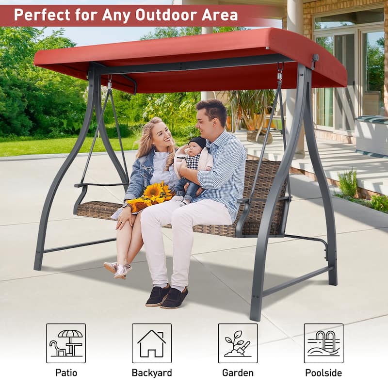 Aoodor 3-Seat Outdoor Rattan Patio Swing with Adjustable Canopy - Stylish Comfort for Your Porch, Garden, and Yard
