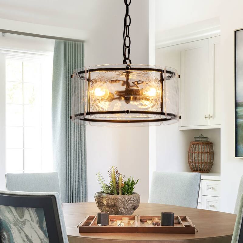 3 - Light Farmhouse Lantern Ripple Glass Drum Chandelier - Black - W11.8" x H5.9"