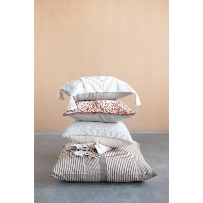 Cotton Tufted Lumbar Pillow with Embroidery and Tassels