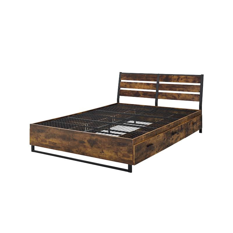 Industrial Solid Wood Bed with Wooden Side Rails and Slatted Headboard