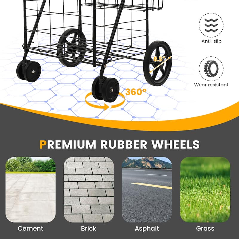Gymax Folding Shopping Cart Utility Double Basket Grocery Cart w/