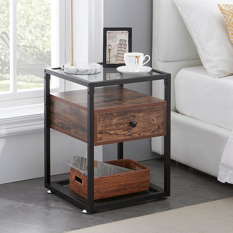 Tamika 3-pieces Metal Bed Frame Tempered Glass Nightstands Set
