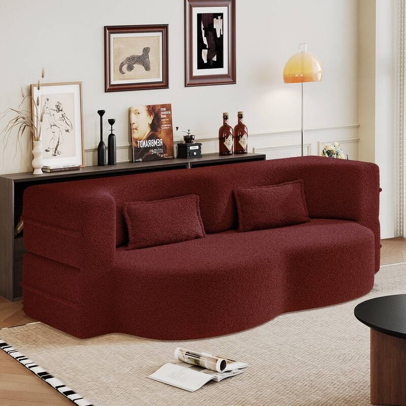 Modern 78.7" Floor Sofa With 2 Pillows For Small Pace Living Room, Convertible Sleeper Sofa Bed - Burgundy Teddy Fabric
