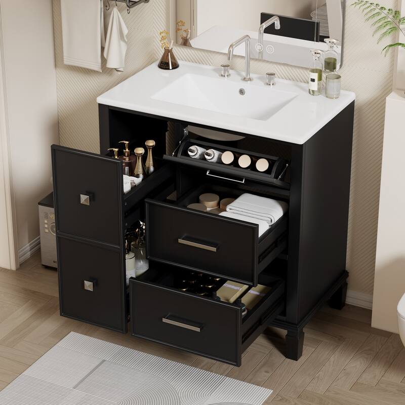Bathroom Vanity with Ceramic Sink,Flip-Out Drawer Design