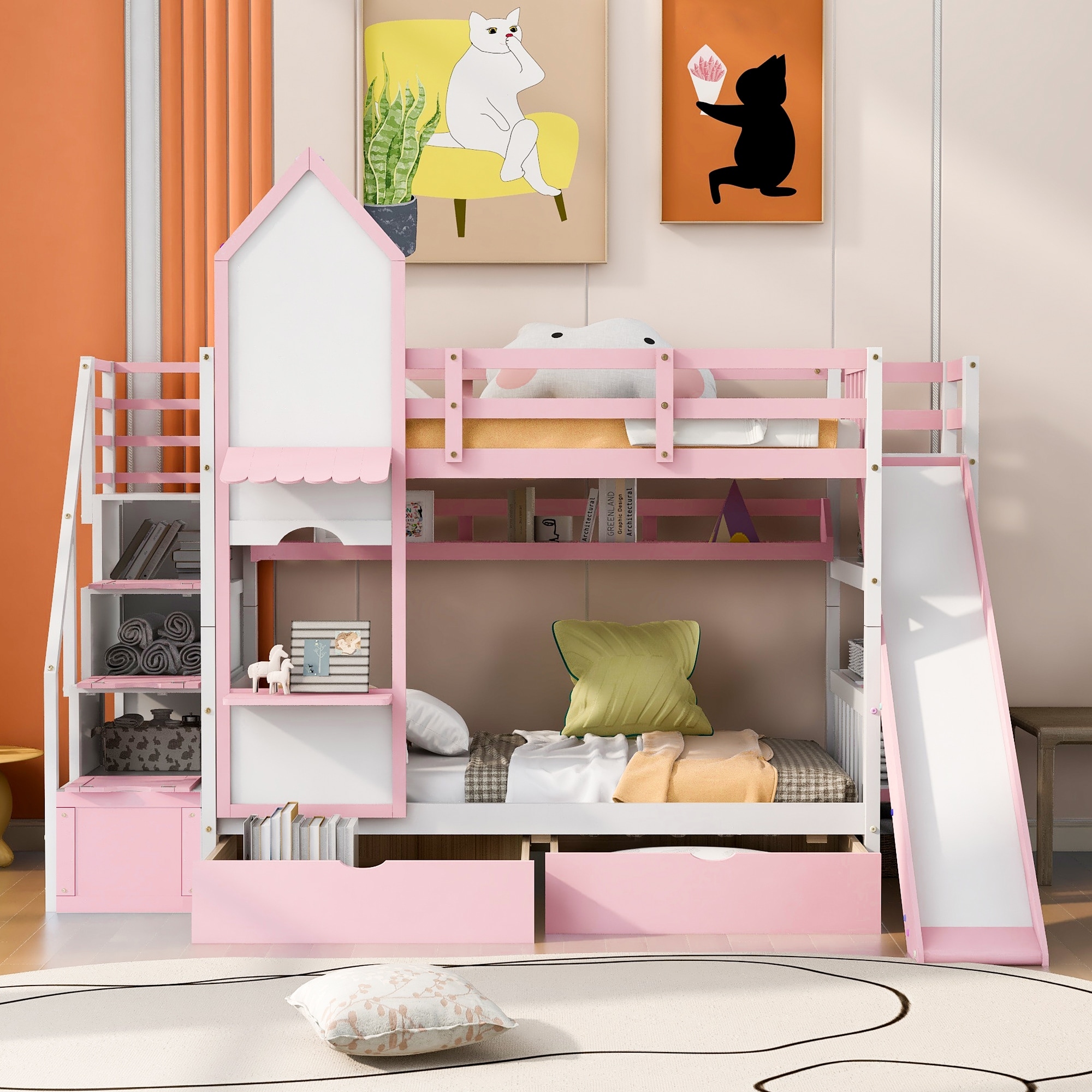 Twin-Over-Twin Castle Style Bunk Bed with 2 Drawers, 3 Shelves & Slide,  Wood House Bunk Bedframe for Kids Teens, Boys Girls,Pink - Bed Bath &  Beyond - 37934802