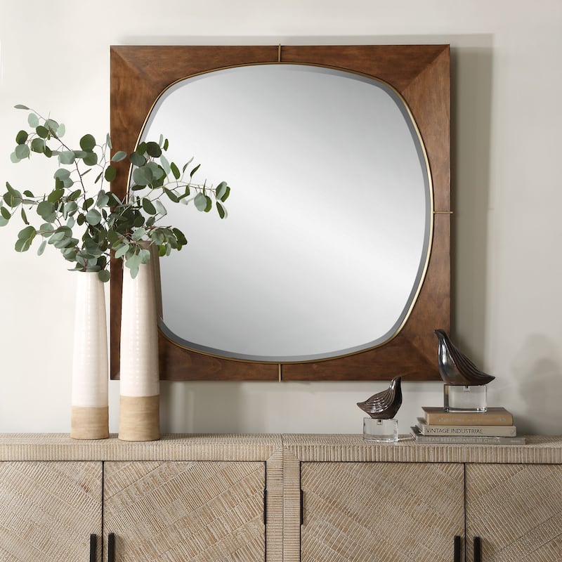 Solid Pine Wood Framed Beveled Square Wall Mirror - 40" - Antiqued Walnut Stain Finish