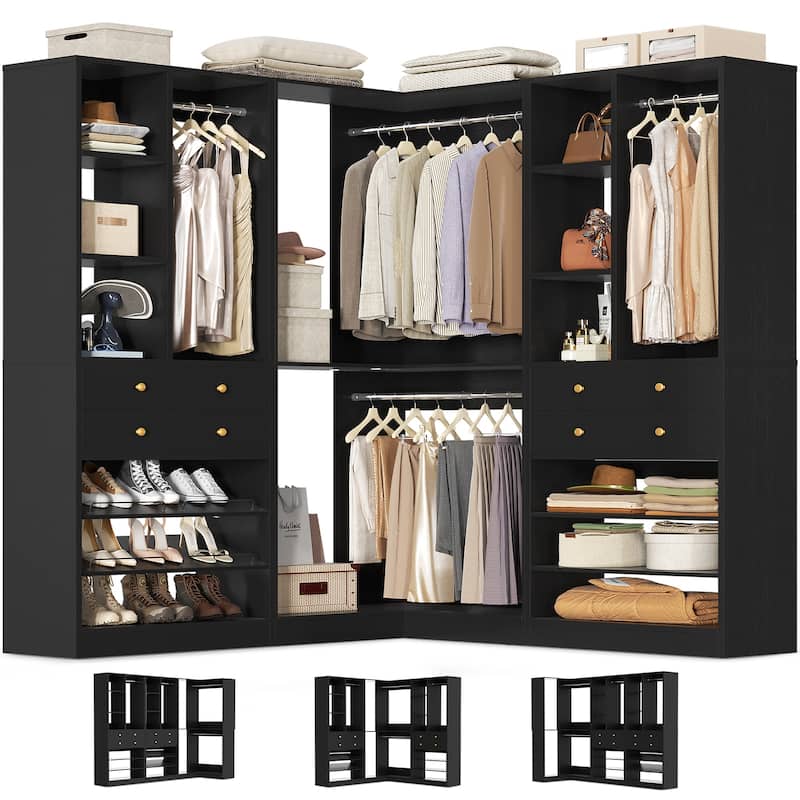 Set of 2/ 3 Coner Closet System with Shoe Racks and Drawers, Freestanding Closet Organizer with Hanging Rods and Shelves