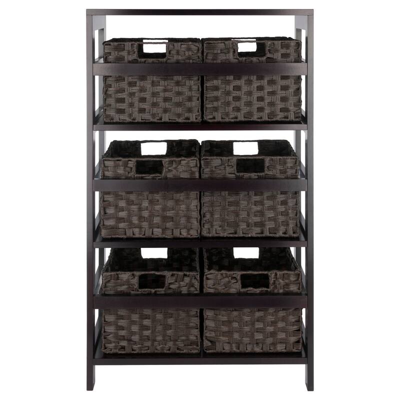 Leo 7-Pc Storage Shelf with 6 Foldable Woven Baskets, Espresso and Chocolate - 25.2 x 11.22 x 42 inches