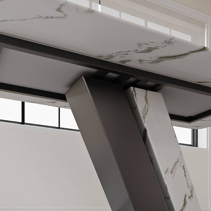 Modern Luxury White Rectangular Dining Table with Glossy Sintered Stone Tabletop, White Z-shaped Stainless Steel Base