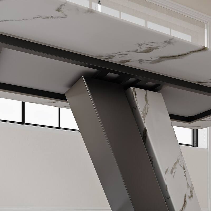 Modern and Luxury White Dining Table, with Rectangular Sintered Stone Tabletop Z-shaped Stainless Steel Base