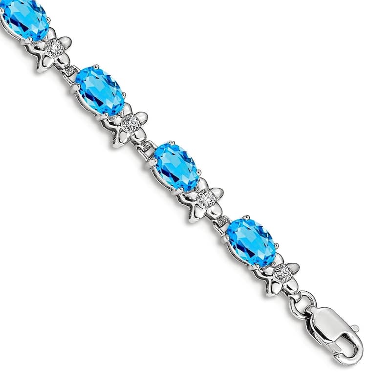 Curata Yellow or White 14k Gold 4.5mm 7" Gemstone and Diamond Flower Bracelet - Blue Topaz - White