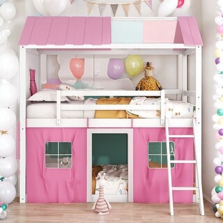 Full Size House Kids Bunk Bed with Windows Sills and Tent, Pink+White