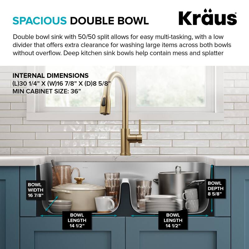 Kraus KBU32-100-75MB Premier 32” Undermount 50/50 Double Bowl with Low - Stainless Steel