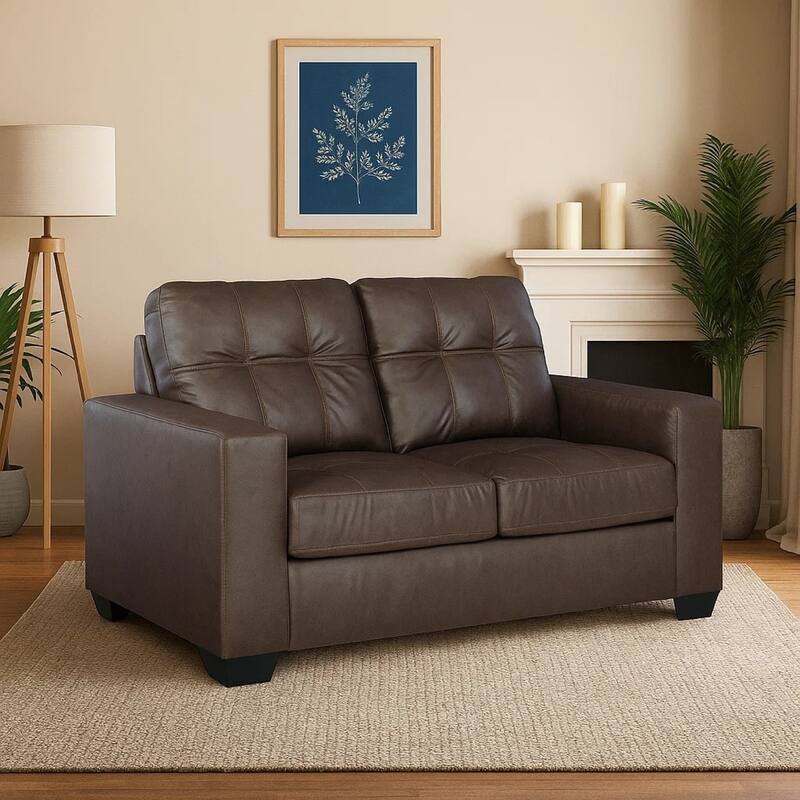 Barl Loveseat, Modern, 62 Inch Soft Tufted Dark Brown Faux Leather