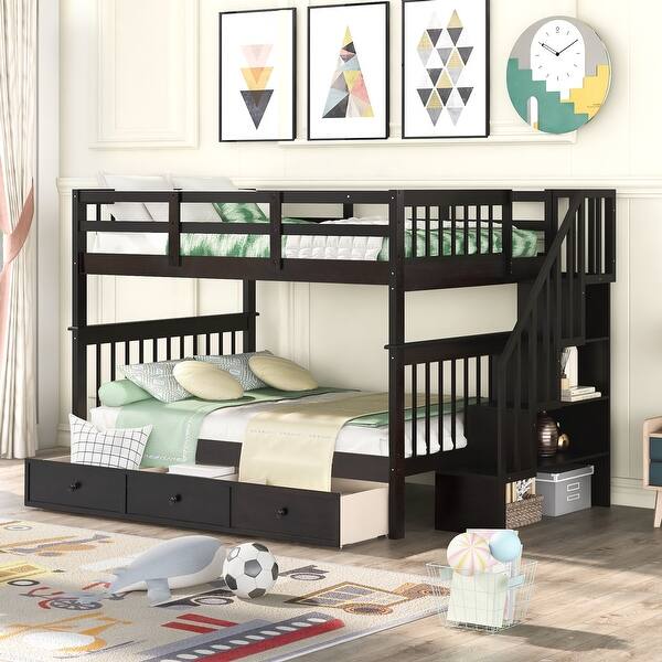 slide 2 of 12, Full-Over-Full Stairway Wood Bunk Bed with Drawer,With Set Of Stairs,Storage and Guard Rail for Bedroom,Espresso Espresso