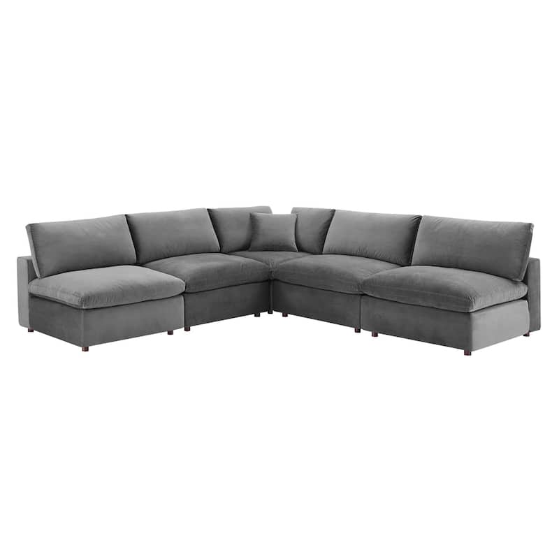 Commix Down Filled Overstuffed Velvet 5-Piece Sectional Sofa - Gray