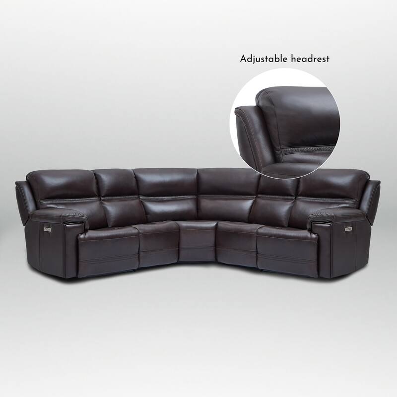 5PCS, 3 power Recliners, Dual-Power Genuine Leather Reclining Sectional with Adjustable Headrest