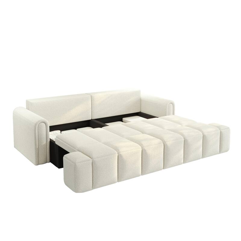 90.2" Sleeper Sofa with Pull-Out Bed, 3-in-1 Convertible Sofa Bed, Large Teddy Loveseat with Adjustable Backrest & Storage Seats