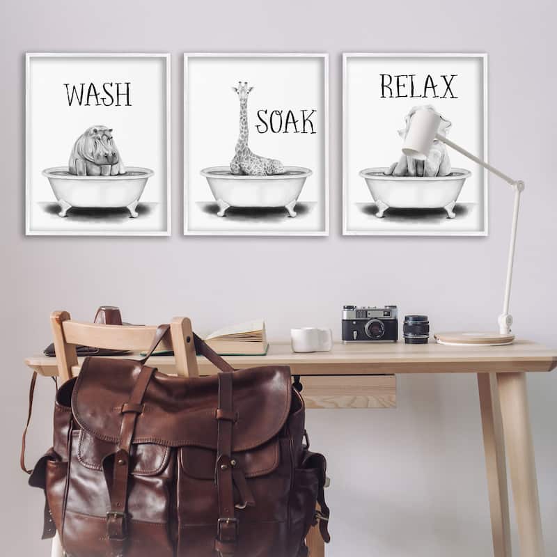 Stupell Wash Soak And Relax Jungle Animal Bath Tub, 3pc Multi Piece Framed Wall Art Set, 3pc Set
